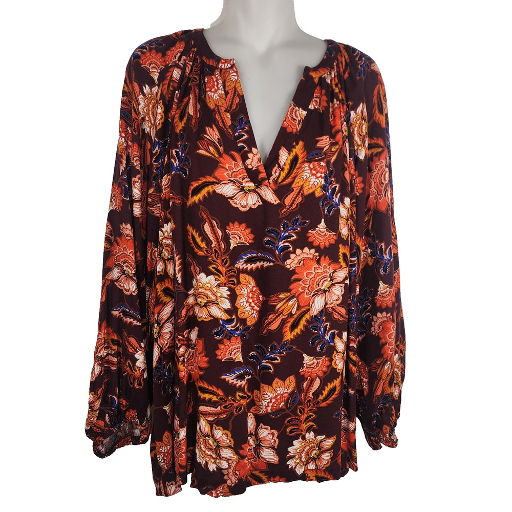 Old Navy Women’s Top XXL Long Ragland Sleeve Split Neck Top Red Floral Rayon